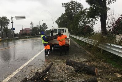 汨羅公路養護人員冒雨清障保平安